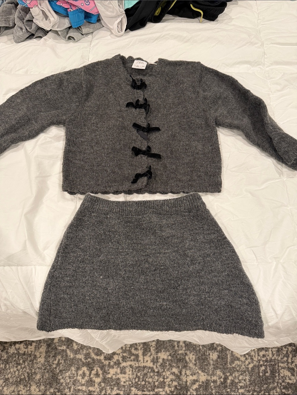 Zara Charcoal Gray Knit Two-Piece Set with Black Bow Details